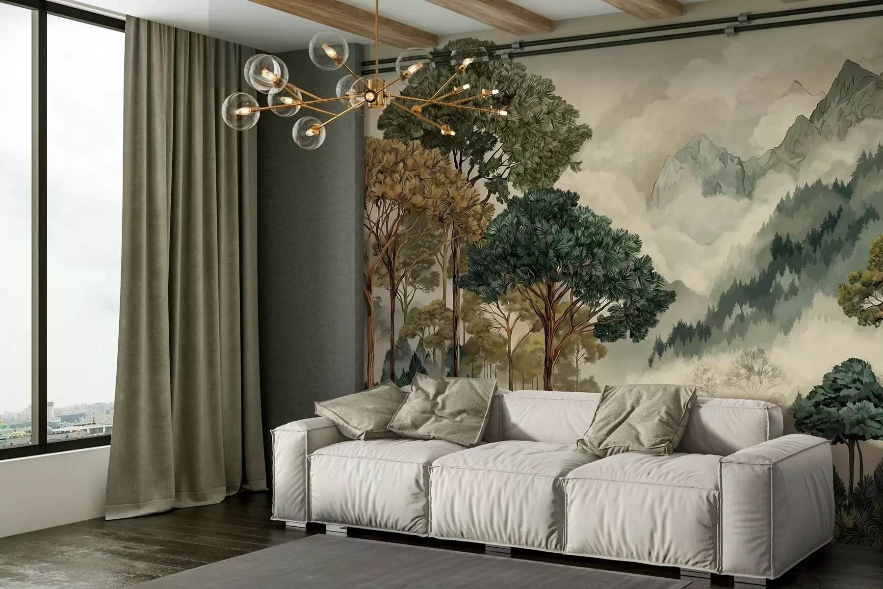 murales de pared Bosque con árboles altos en montañas envueltas en niebla w05410