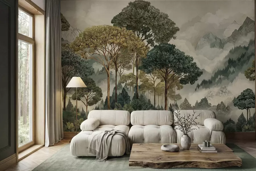 murales de pared Bosque con árboles altos en montañas envueltas en niebla w05410