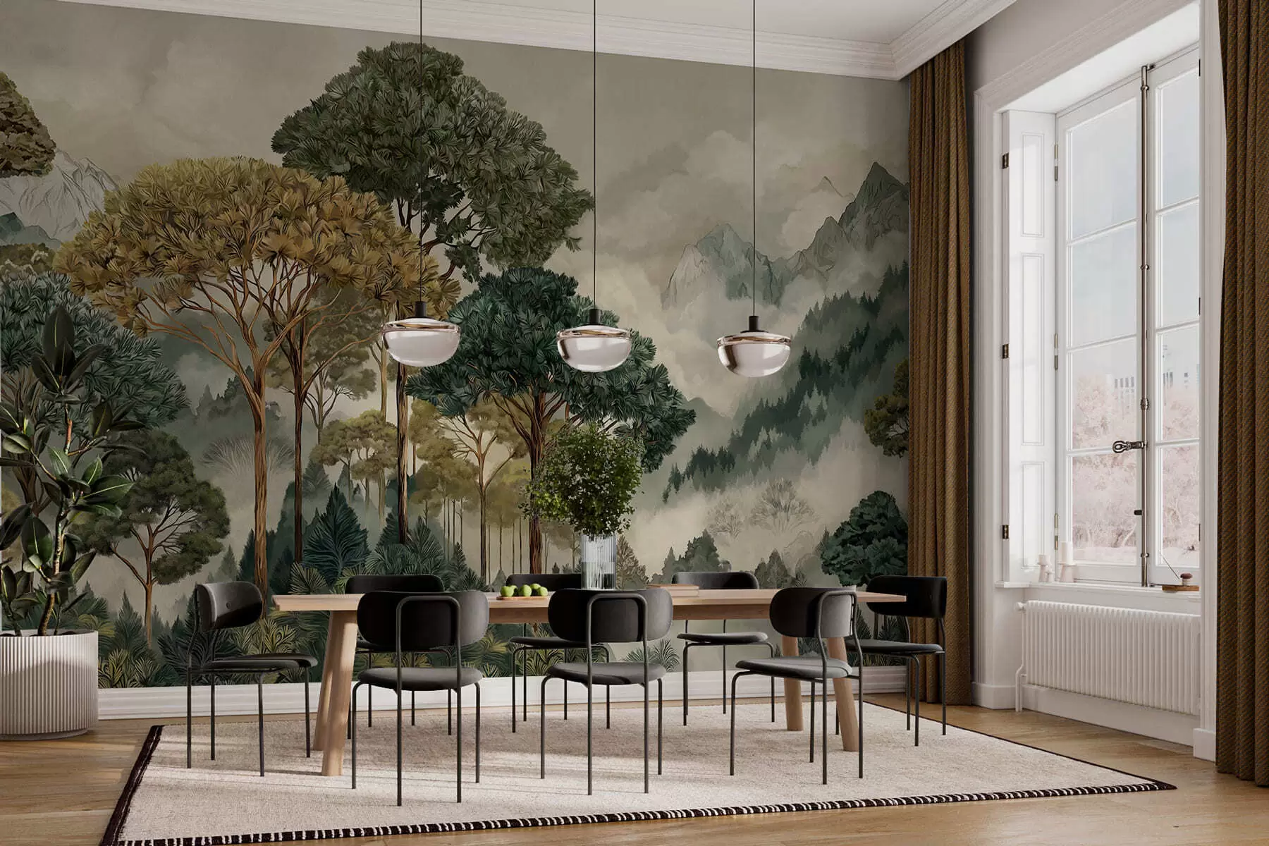 murales de pared Bosque con árboles altos en montañas envueltas en niebla w05410