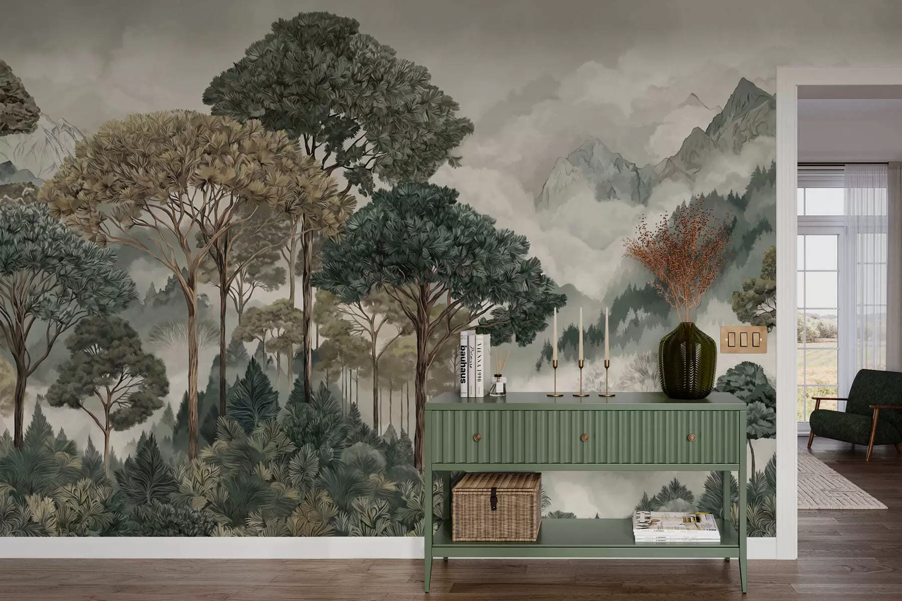 murales de pared Paisaje montañoso con bosque en tonos suaves w05410v1