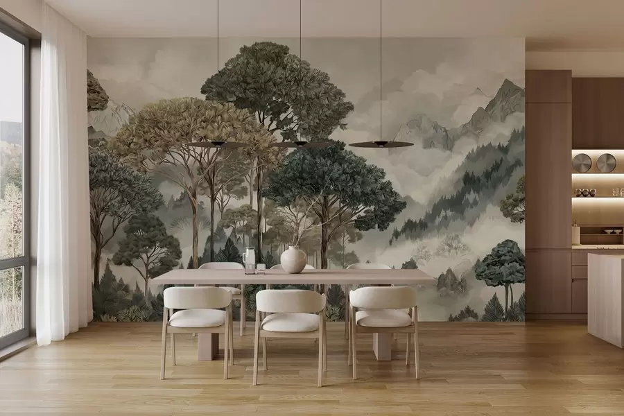 murales de pared Paisaje montañoso con bosque en tonos suaves w05410v1
