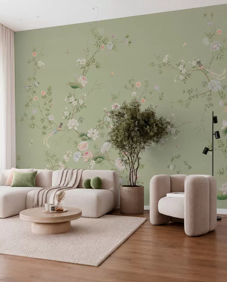murales de pared Ramas en flor con pájaros sobre un fondo verde claro w05416