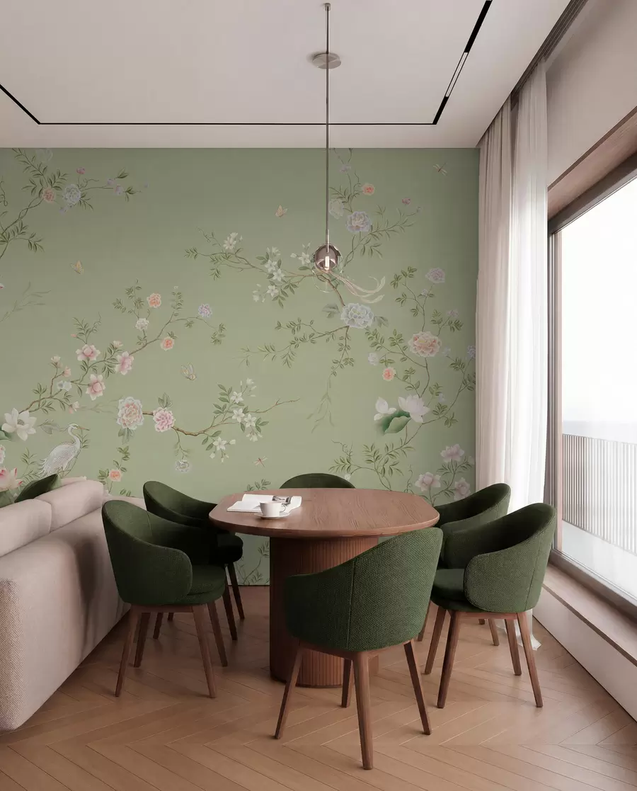 murales de pared Ramas en flor con pájaros sobre un fondo verde claro w05416
