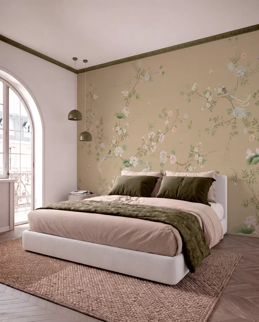 murales de pared Ramas en flor con pájaros sobre un fondo beige cálido w05416v2