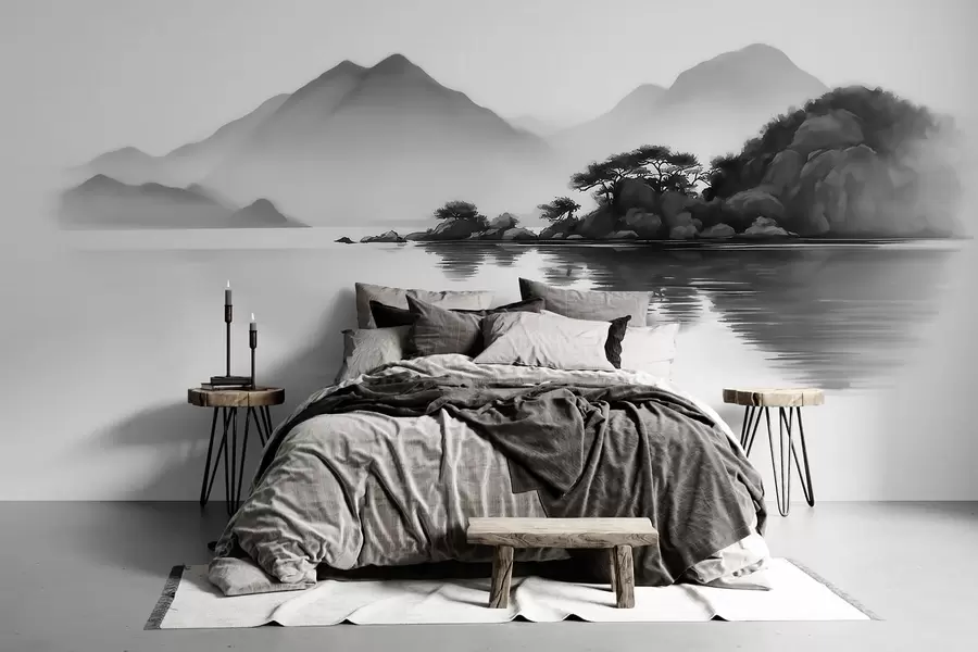 murales de pared Paisaje en blanco y negro con montañas y un lago envueltos en una suave niebla w09803