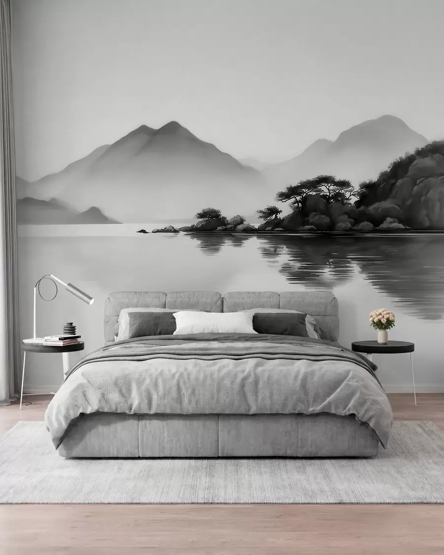 murales de pared Paisaje en blanco y negro con montañas y un lago envueltos en una suave niebla w09803