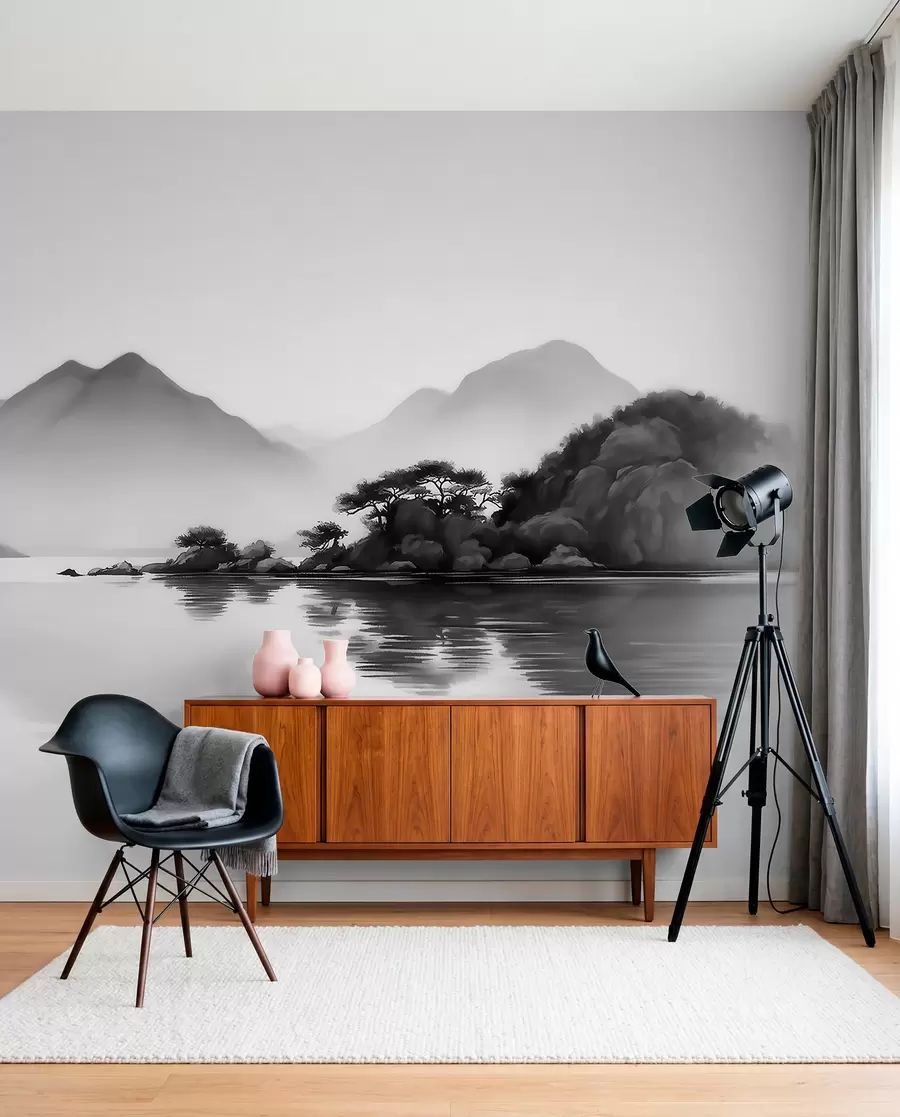 murales de pared Paisaje en blanco y negro con montañas y un lago envueltos en una suave niebla w09803