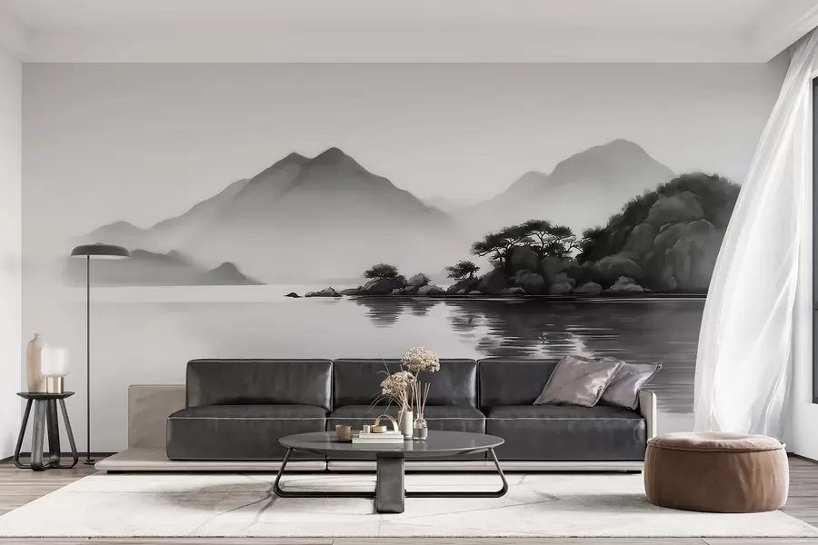 murales de pared Paisaje en blanco y negro con montañas y un lago envueltos en una suave niebla w09803