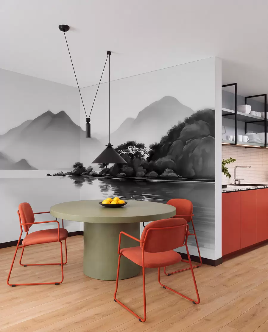 murales de pared Paisaje en blanco y negro con montañas y un lago envueltos en una suave niebla w09803