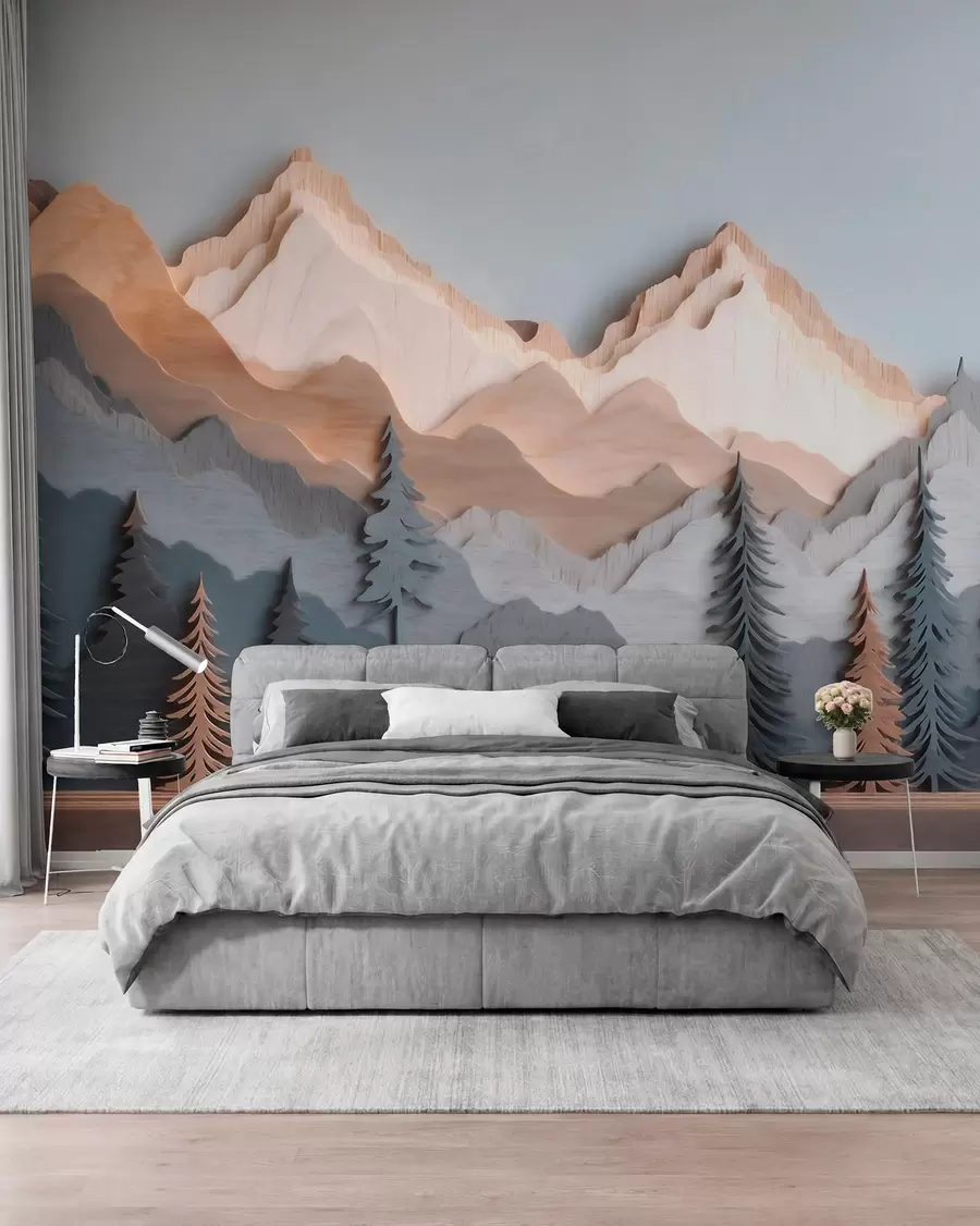murales de pared Paisaje natural con pinos y montañas, en estilo de madera tallada w09793