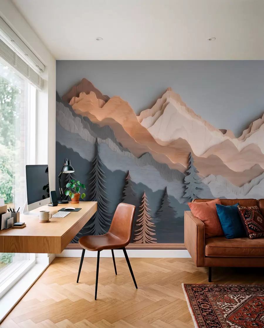 murales de pared Paisaje natural con pinos y montañas, en estilo de madera tallada w09793