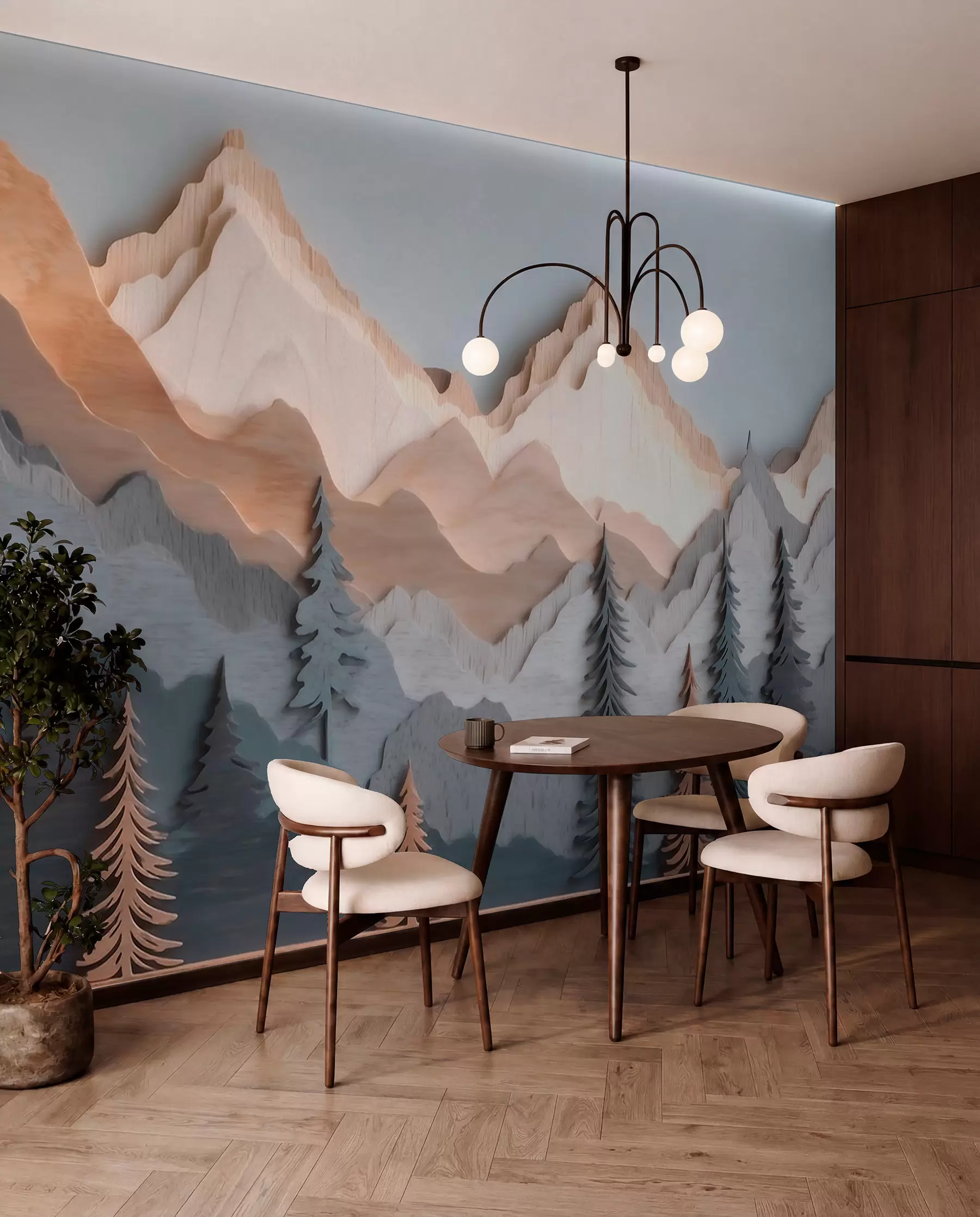 murales de pared Paisaje natural con pinos y montañas, en estilo de madera tallada w09793