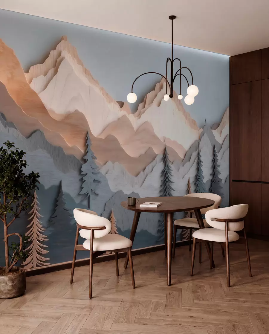 murales de pared Paisaje natural con pinos y montañas, en estilo de madera tallada w09793