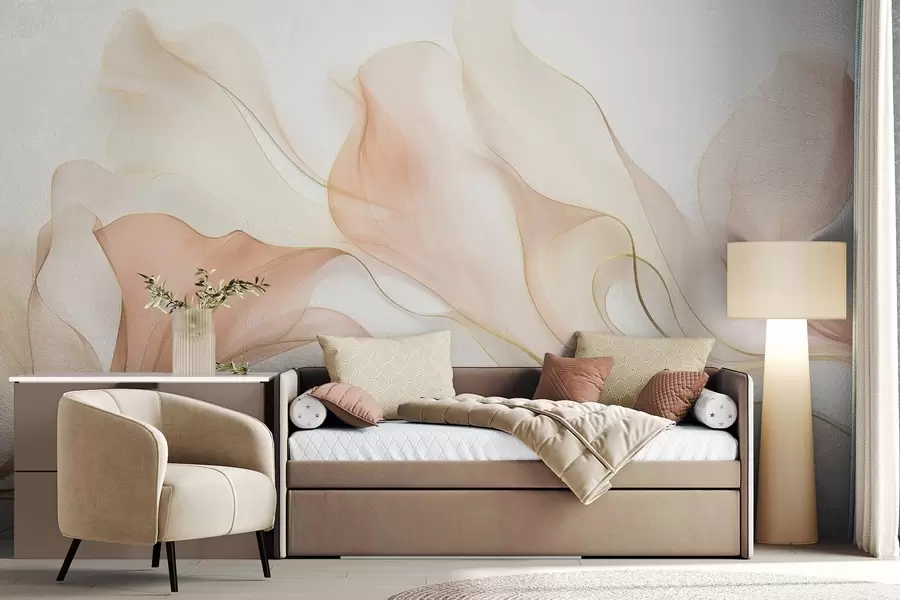murales de pared Textura fluida y abstracta en tonos melocotón y crema con líneas delicadas w09815