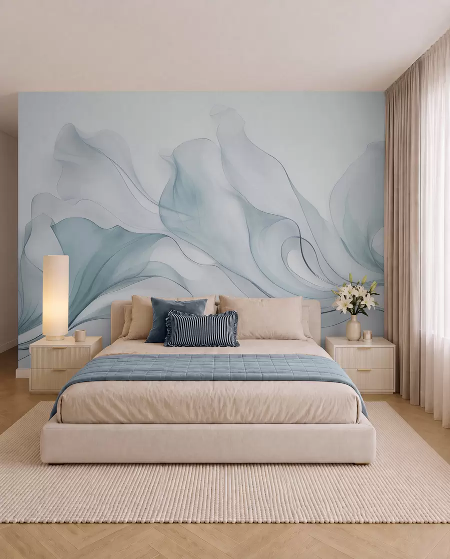 murales de pared Textura abstracta y fluida en tonos azules con líneas delicadas w09815v1