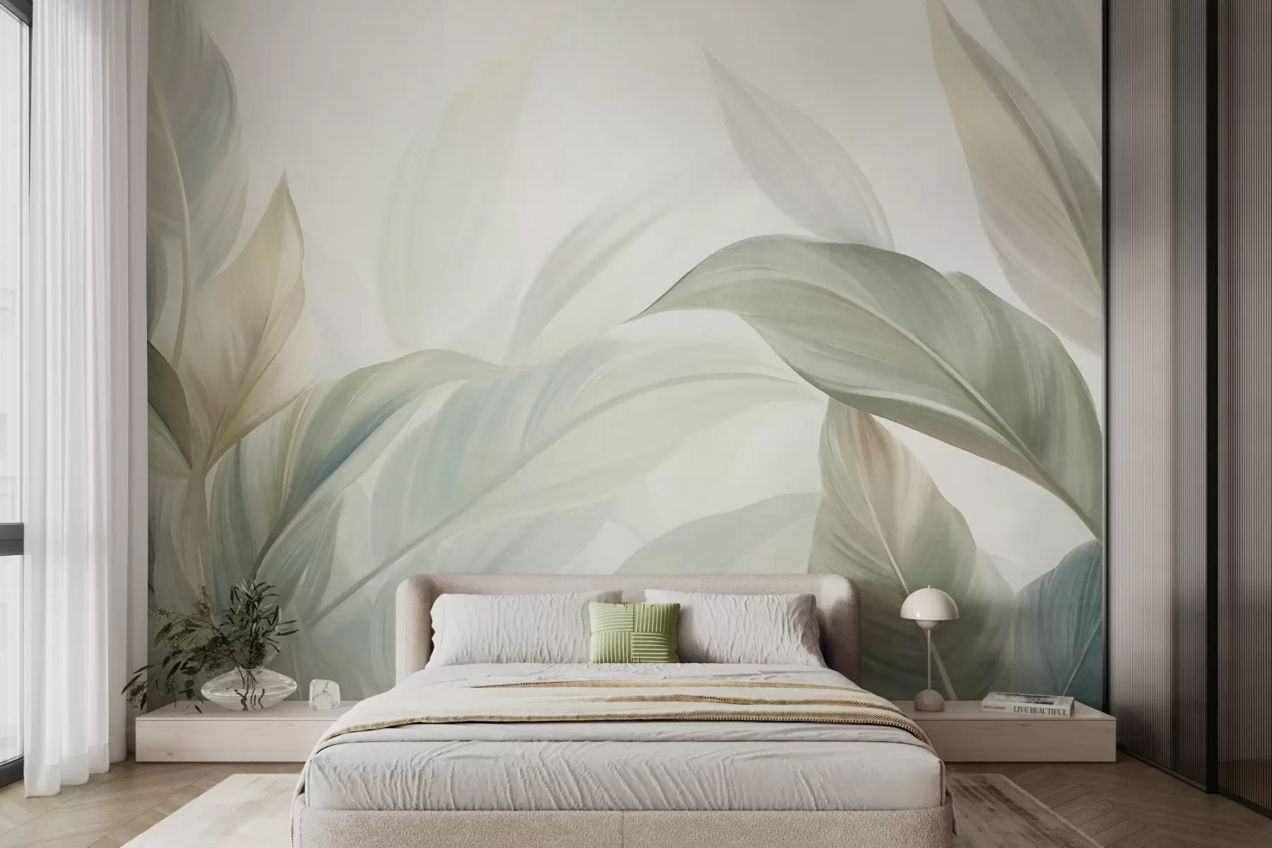 murales de pared Hojas tropicales grandes de color verde pálido con tonos suaves y pasteles, obra de arte con textura w09816