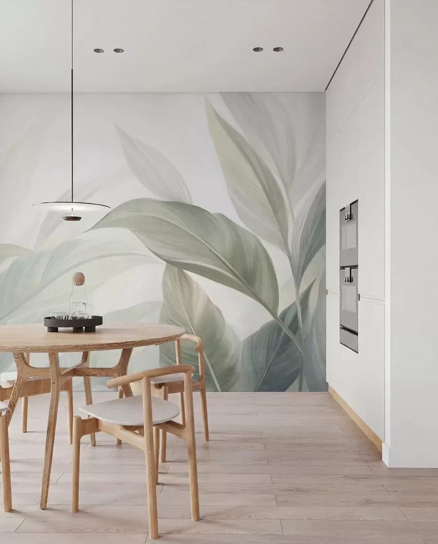 murales de pared Hojas tropicales grandes de color verde pálido con tonos suaves y pasteles, obra de arte con textura w09816