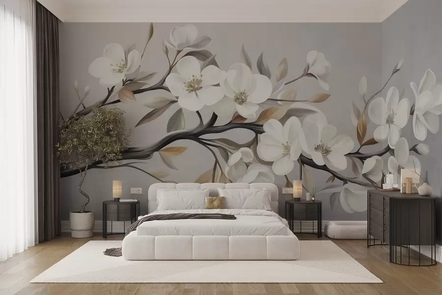 murales de pared Rama con textura, con flores blancas y hojas marrones sobre un fondo gris claro w09817