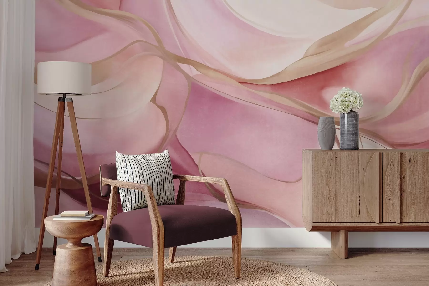 murales de pared Formas fluidas con texturas abstractas en tonos rosa y beige, con delicadas líneas amarillas w09818