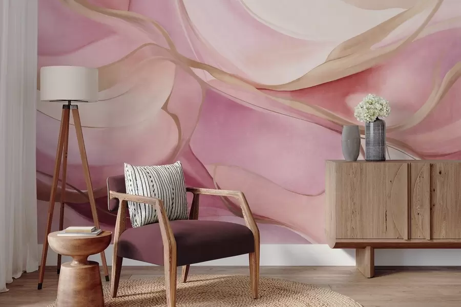 murales de pared Formas fluidas con texturas abstractas en tonos rosa y beige, con delicadas líneas amarillas w09818