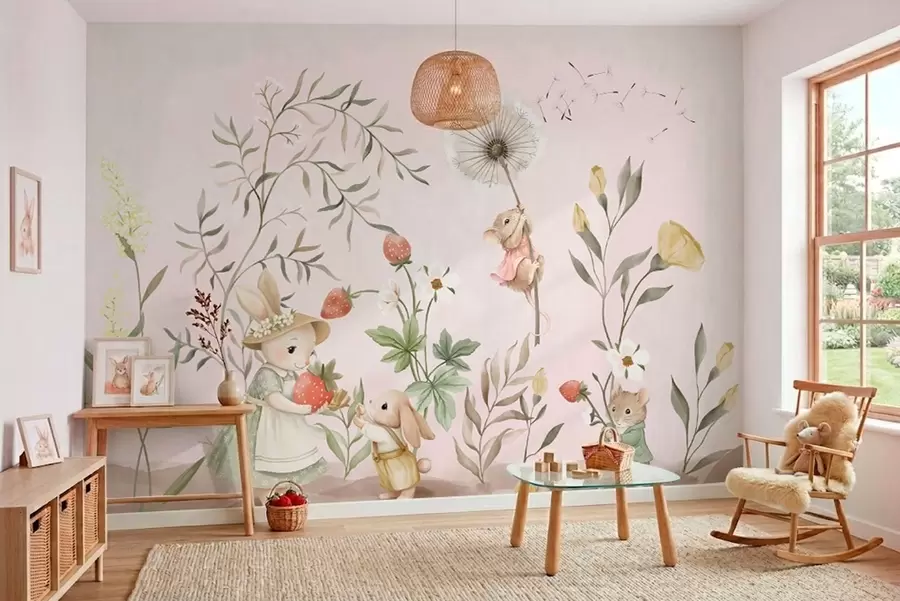 murales de pared Ilustración de animales con fresas sobre un fondo rosa claro w05422v1