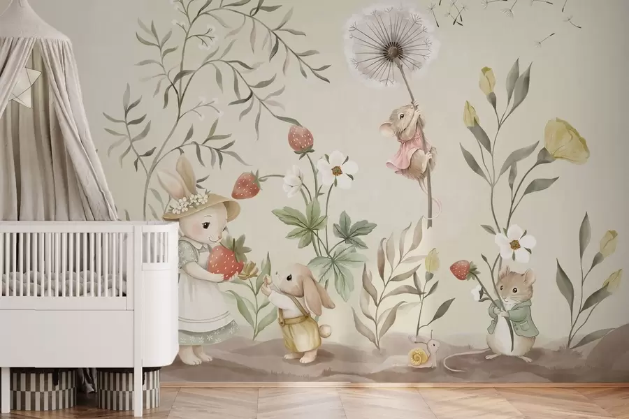 murales de pared Ilustración de un conejito, un ratón y unas plantas con fresas w05422v2