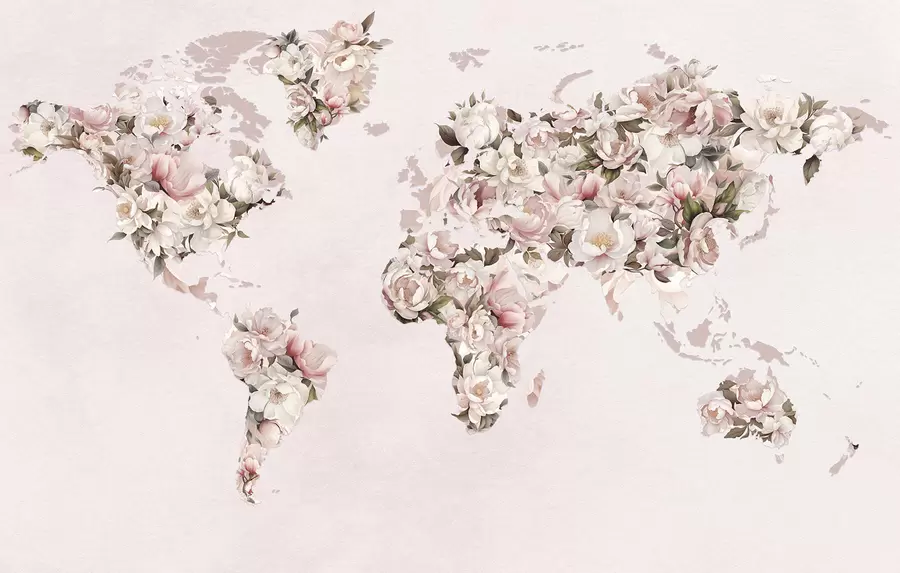 murales de pared Un mapamundi rosa compuesto por grandes peonías blancas y rosas c00005