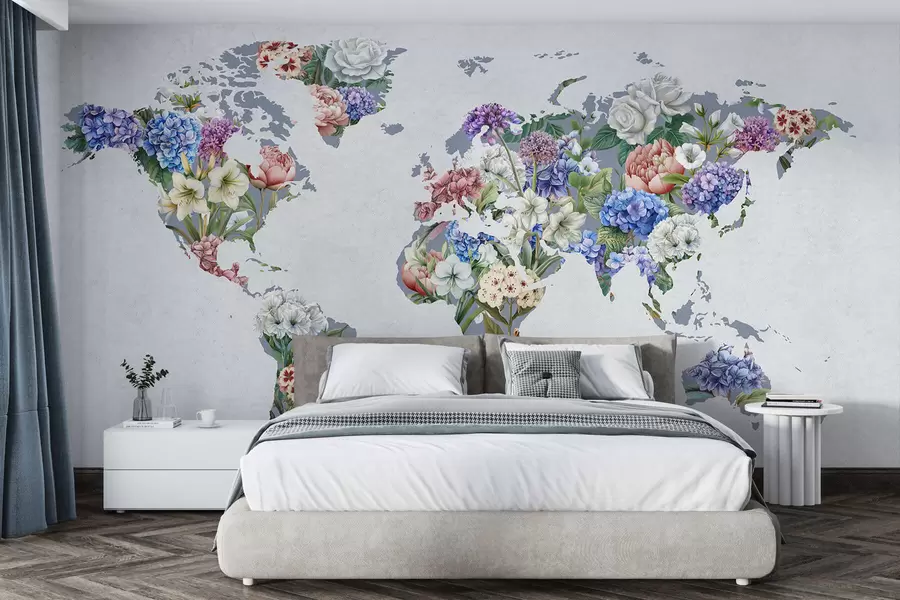 murales de pared Un colorido mapa del mundo elaborado con una gran variedad de flores de vivos colores c00006