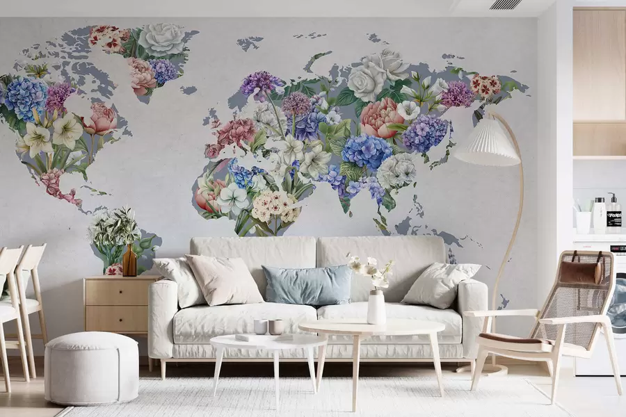 murales de pared Un colorido mapa del mundo elaborado con una gran variedad de flores de vivos colores c00006