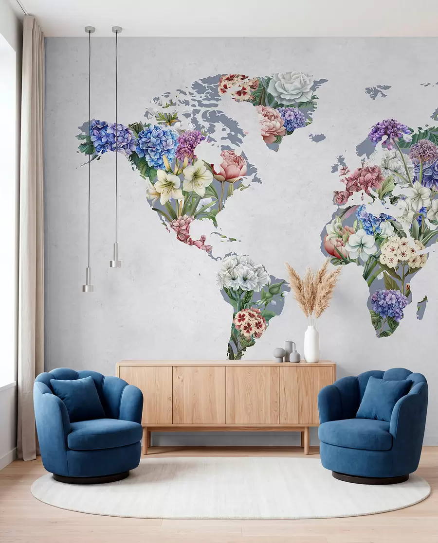 murales de pared Un colorido mapa del mundo elaborado con una gran variedad de flores de vivos colores c00006