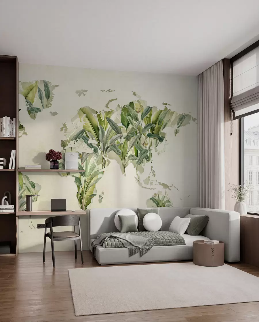 murales de pared Un mapa verde del mundo hecho con hojas de plátano c00007