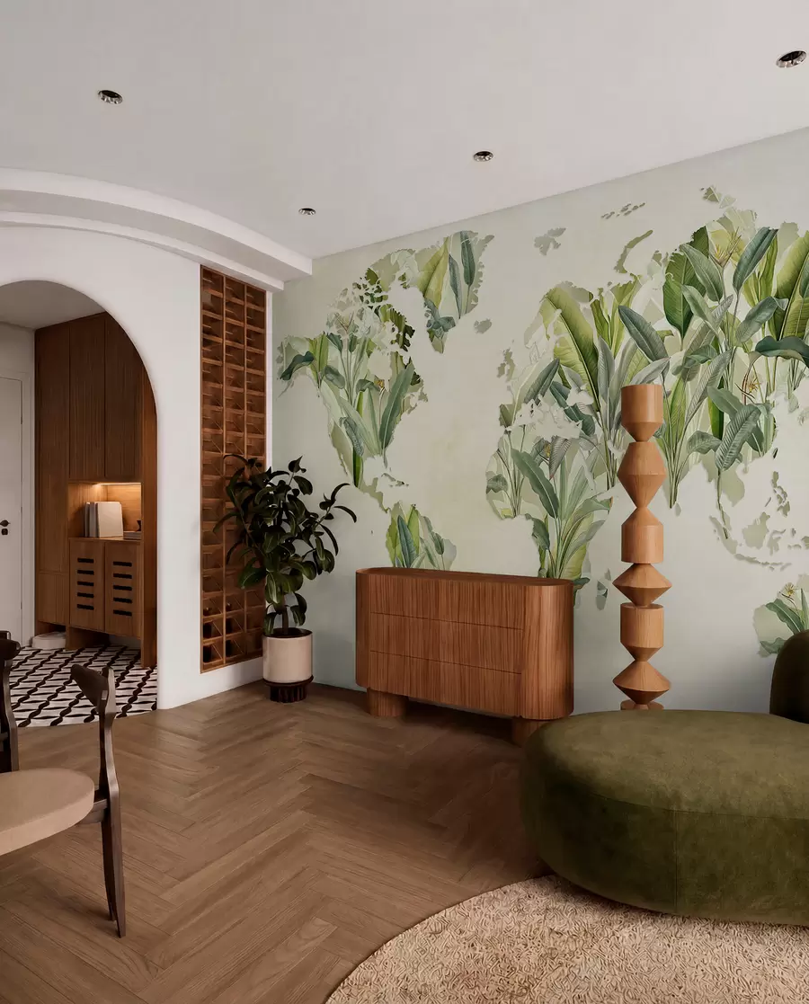 murales de pared Un mapa verde del mundo hecho con hojas de plátano c00007