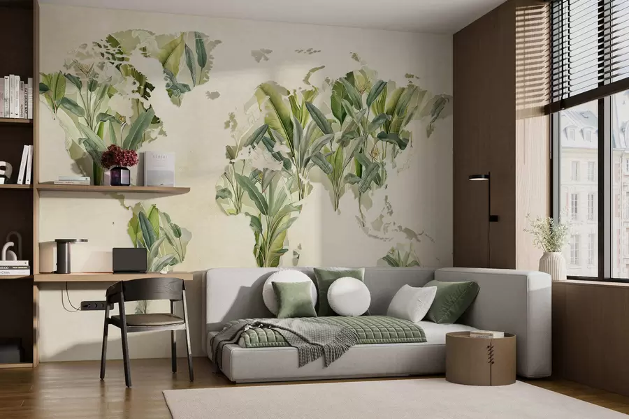murales de pared Un mapa verde del mundo hecho con hojas de plátano c00007