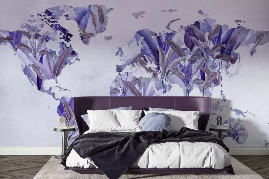 murales de pared Un mapamundi morado hecho con hojas de plátano c00007v1