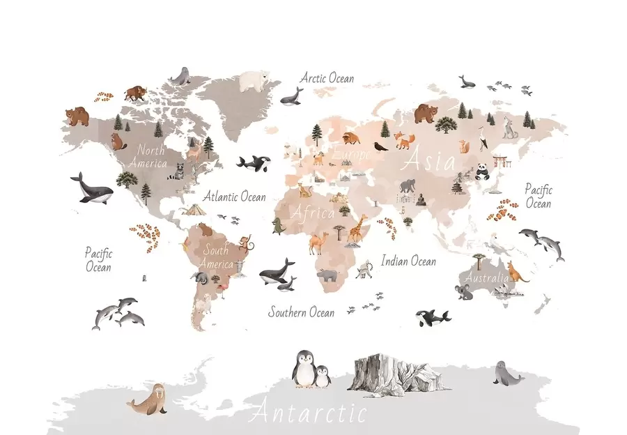 murales de pared Un mapa en tonos beige, con un estilo de acuarela, en el que aparecen animales, plantas y elementos arquitectónicos. Etiquetas en inglés c00009env3