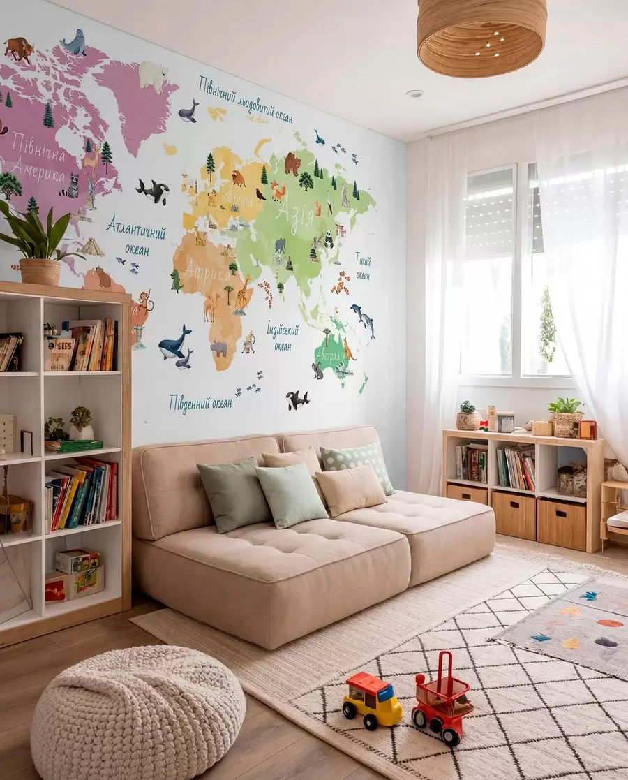 murales de pared Un mapa a color con estilo de acuarela en el que aparecen animales, plantas y elementos arquitectónicos. Etiquetas en ucraniano c00009uk