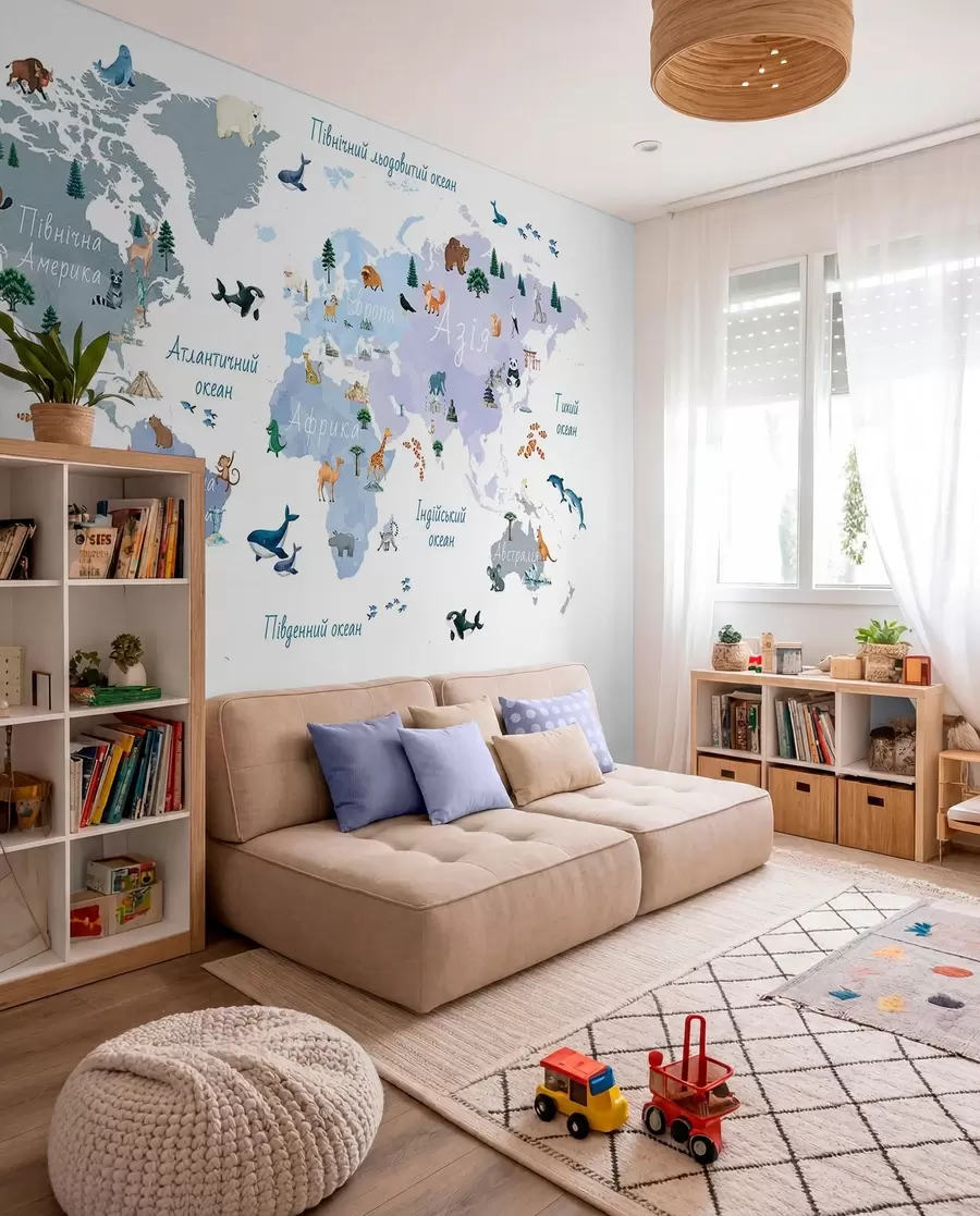 murales de pared Un mapa azul de estilo acuarela en el que aparecen animales, plantas y elementos arquitectónicos. Rótulos en ucraniano c00009ukv1