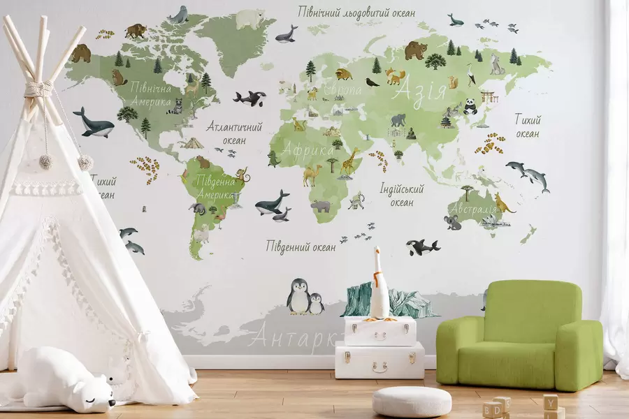 murales de pared Un mapa de Green en estilo acuarela con animales, plantas y arquitectura. Etiquetas en ucraniano c00009ukv2