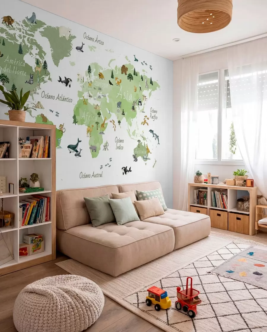 murales de pared Un mapa de Green en estilo acuarela con animales, plantas y arquitectura. Etiquetas en español c00009esv2