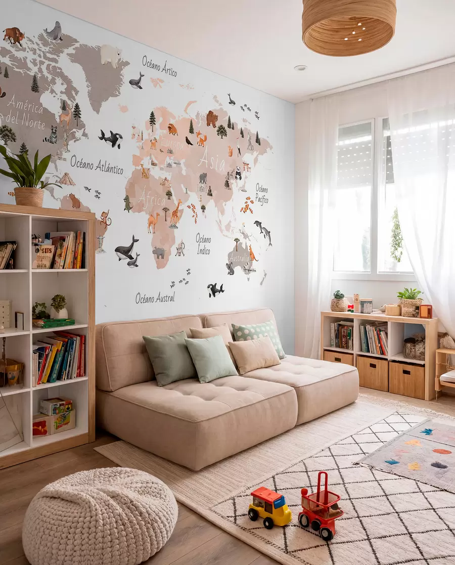 murales de pared Un mapa en tonos beige, con un estilo de acuarela, en el que aparecen animales, plantas y elementos arquitectónicos. Rótulos en español c00009esv3