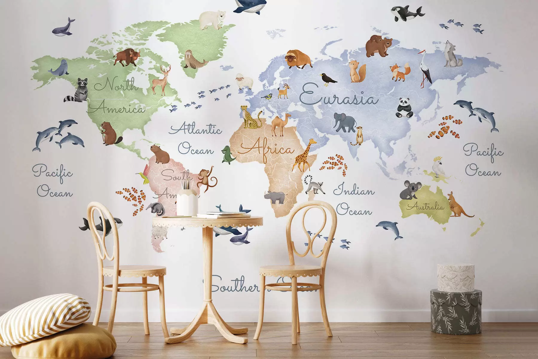 murales de pared Un mapa a color con estilo de acuarela en el que aparecen animales. Etiquetas en inglés c00012en