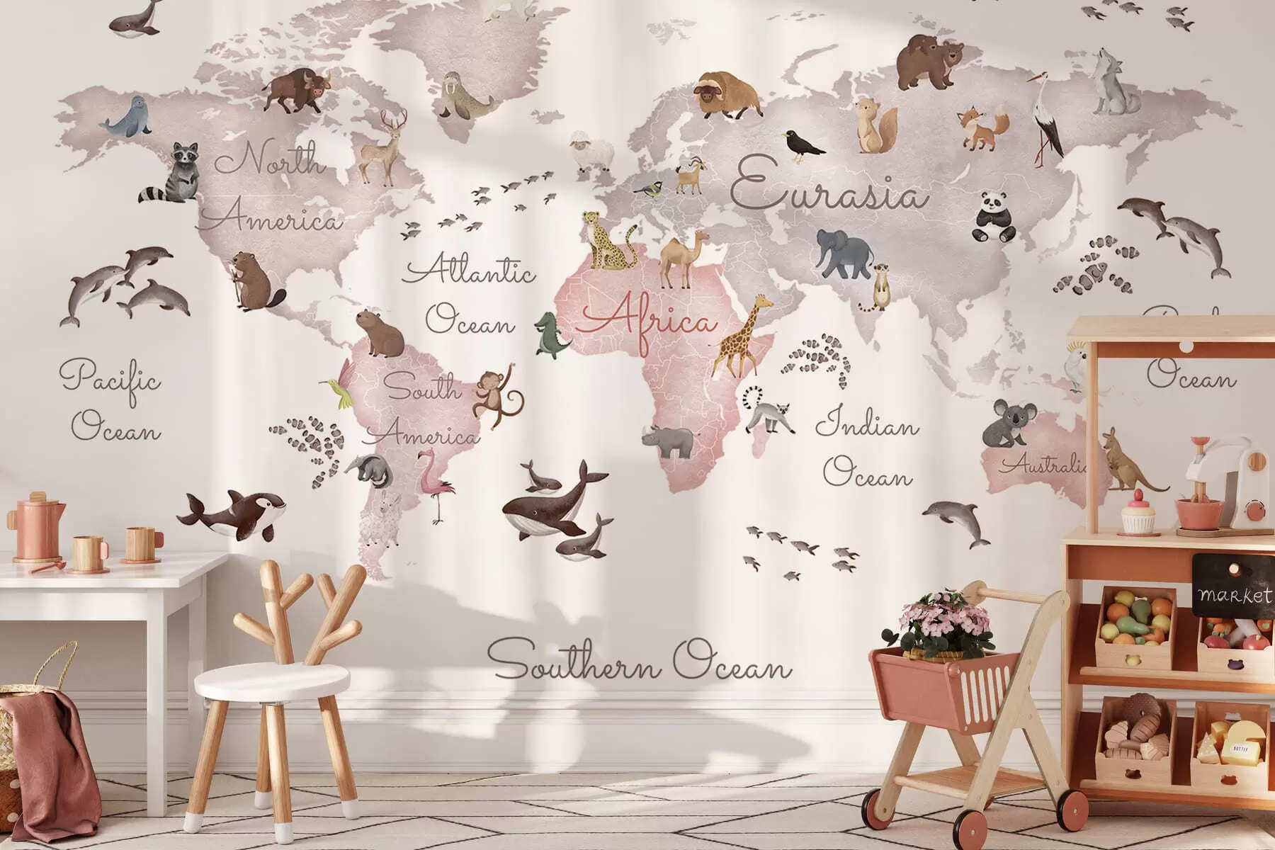 murales de pared Un mapa en tonos beige, con un estilo de acuarela, en el que aparecen animales. Rótulos en inglés c00012env3