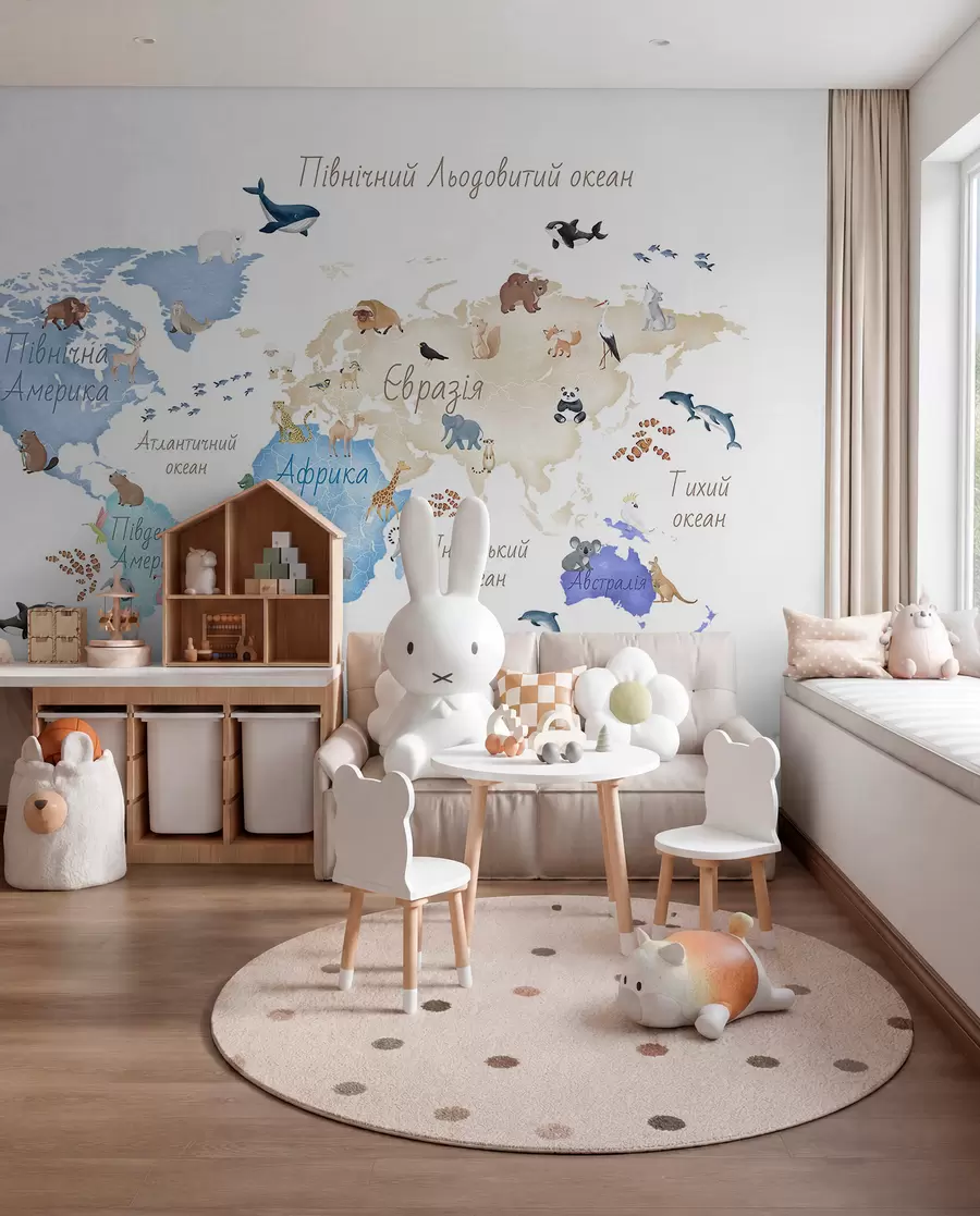 murales de pared Un mapa azul con estilo de acuarela en el que aparecen animales. Etiquetas en ucraniano c00012ukv1