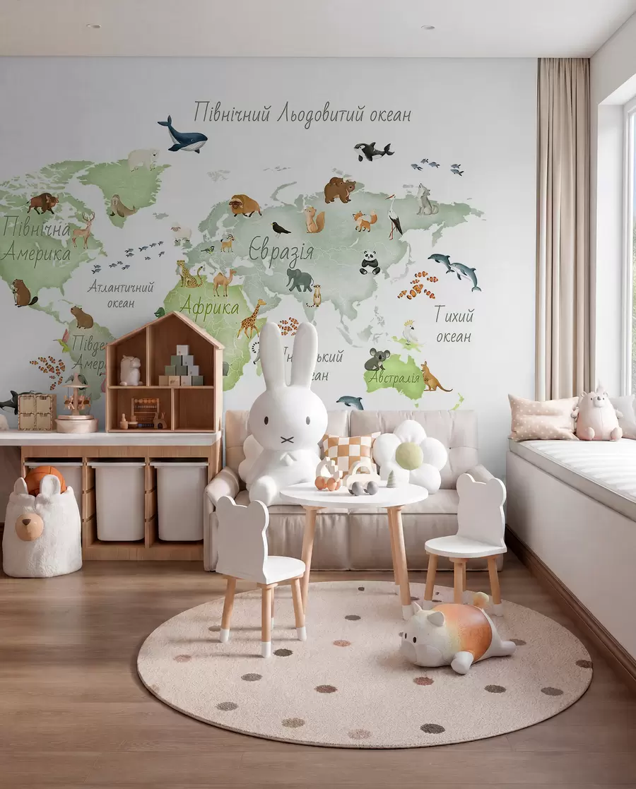 murales de pared Un mapa verde con estilo de acuarela en el que aparecen animales. Etiquetas en ucraniano c00012ukv2