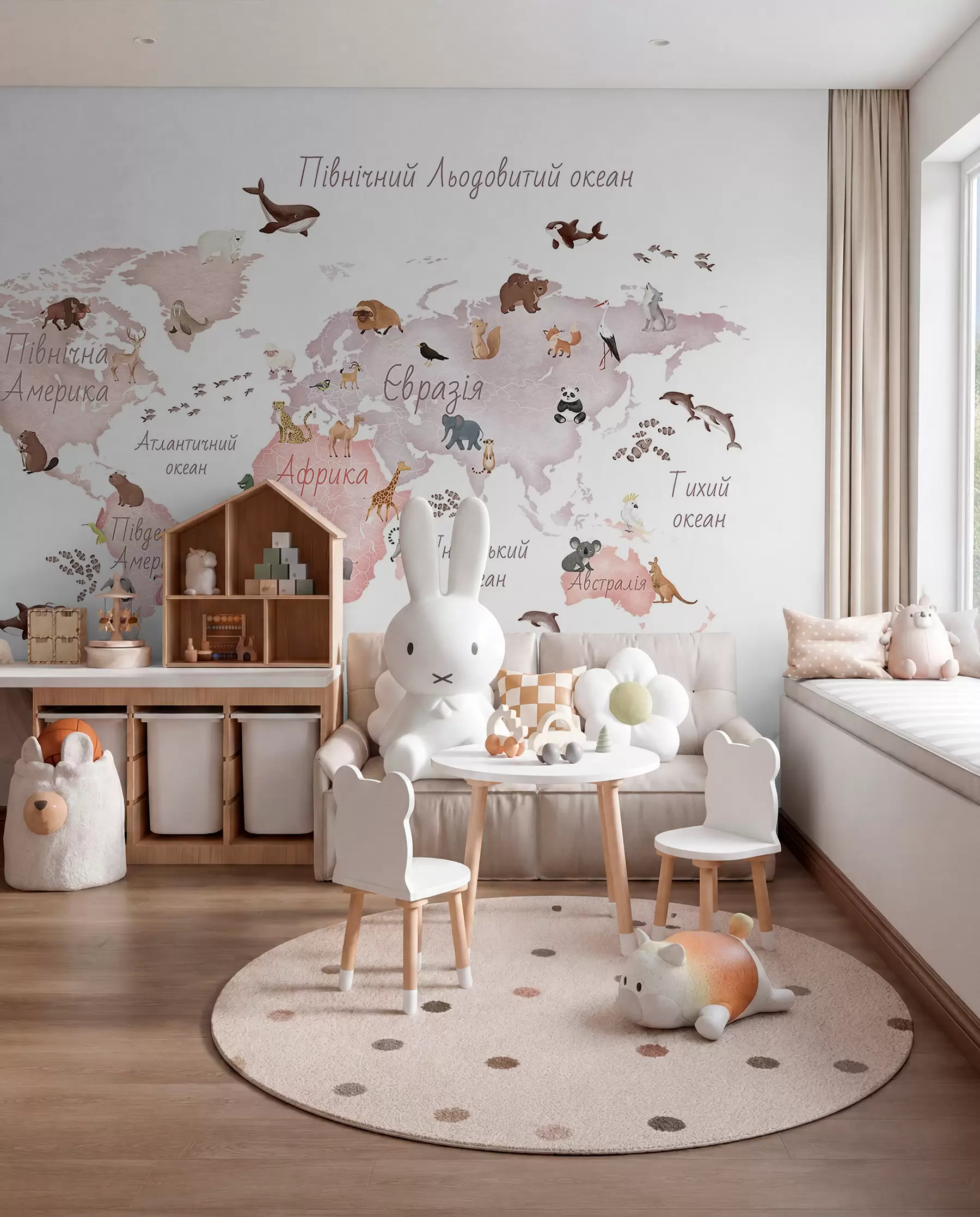 murales de pared Un mapa en tonos beige, con un estilo de acuarela, en el que aparecen animales. Rótulos en ucraniano c00012ukv3