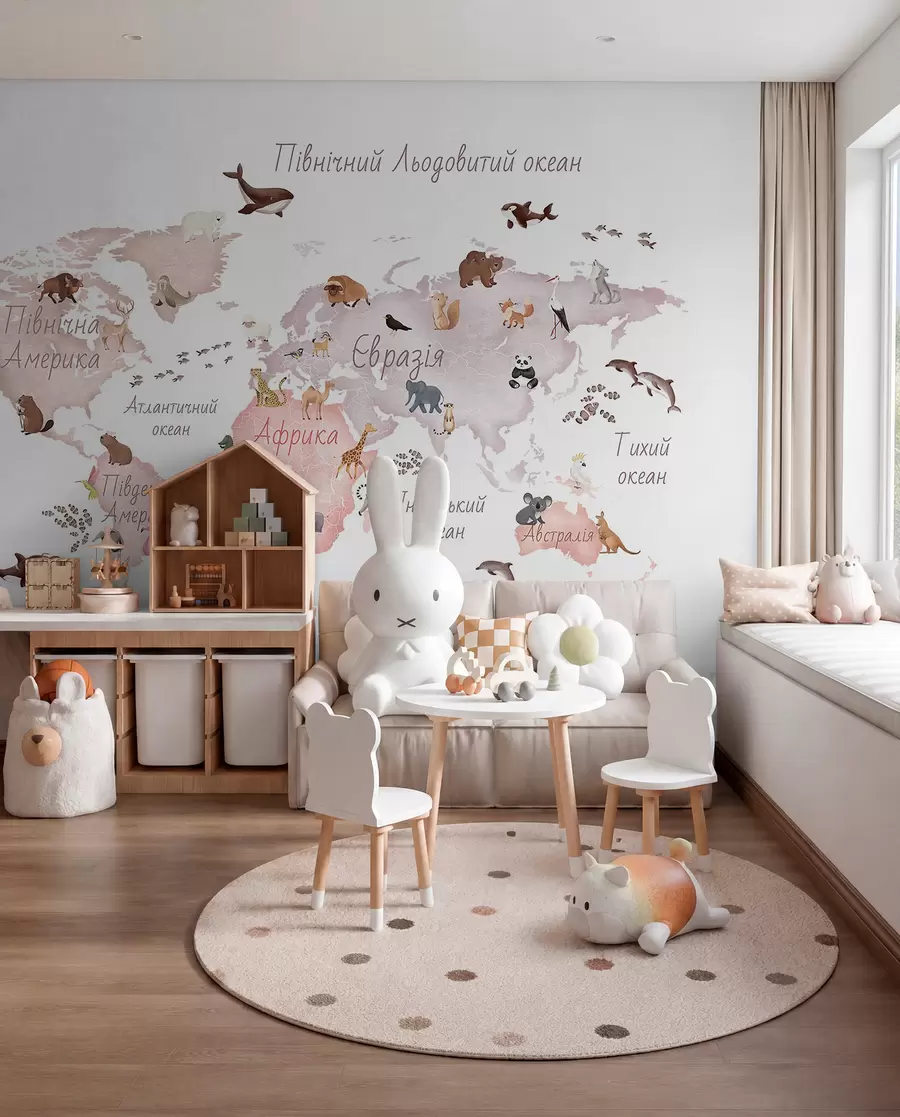 murales de pared Un mapa en tonos beige, con un estilo de acuarela, en el que aparecen animales. Rótulos en ucraniano c00012ukv3