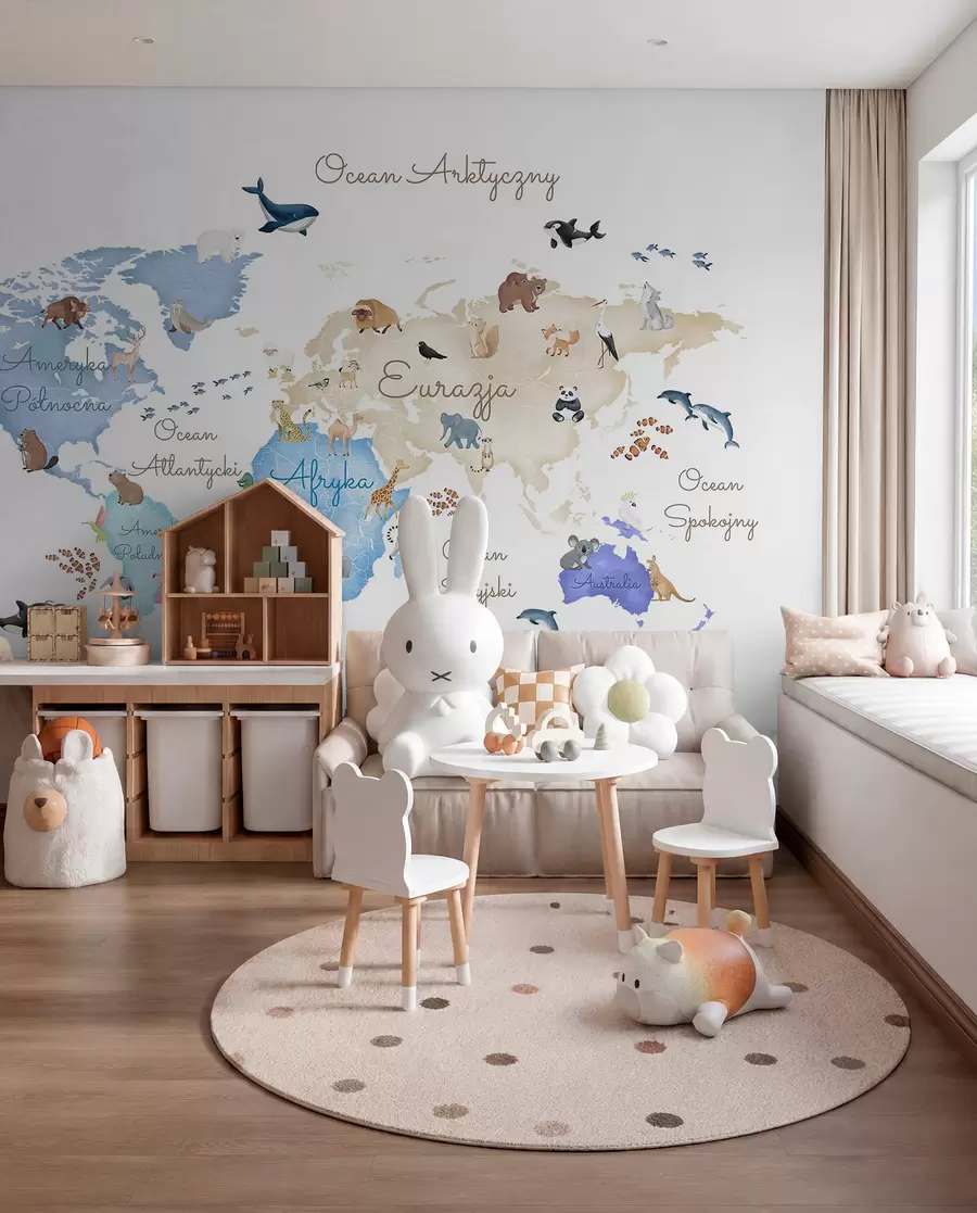 murales de pared Un mapa azul con estilo de acuarela en el que aparecen animales. Etiquetas en polaco c00012plv1
