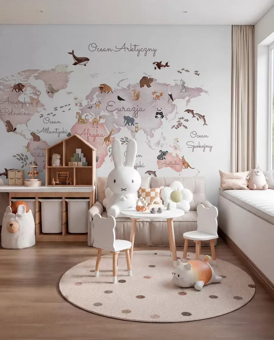 murales de pared Un mapa en tonos beige, con un estilo de acuarela, en el que aparecen animales. Rótulos en polaco c00012plv3