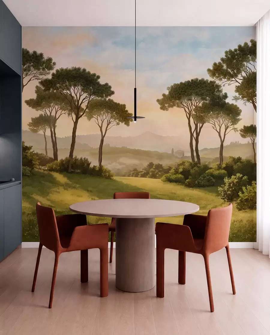murales de pared Paisaje con árboles bajo la cálida luz del atardecer w05122