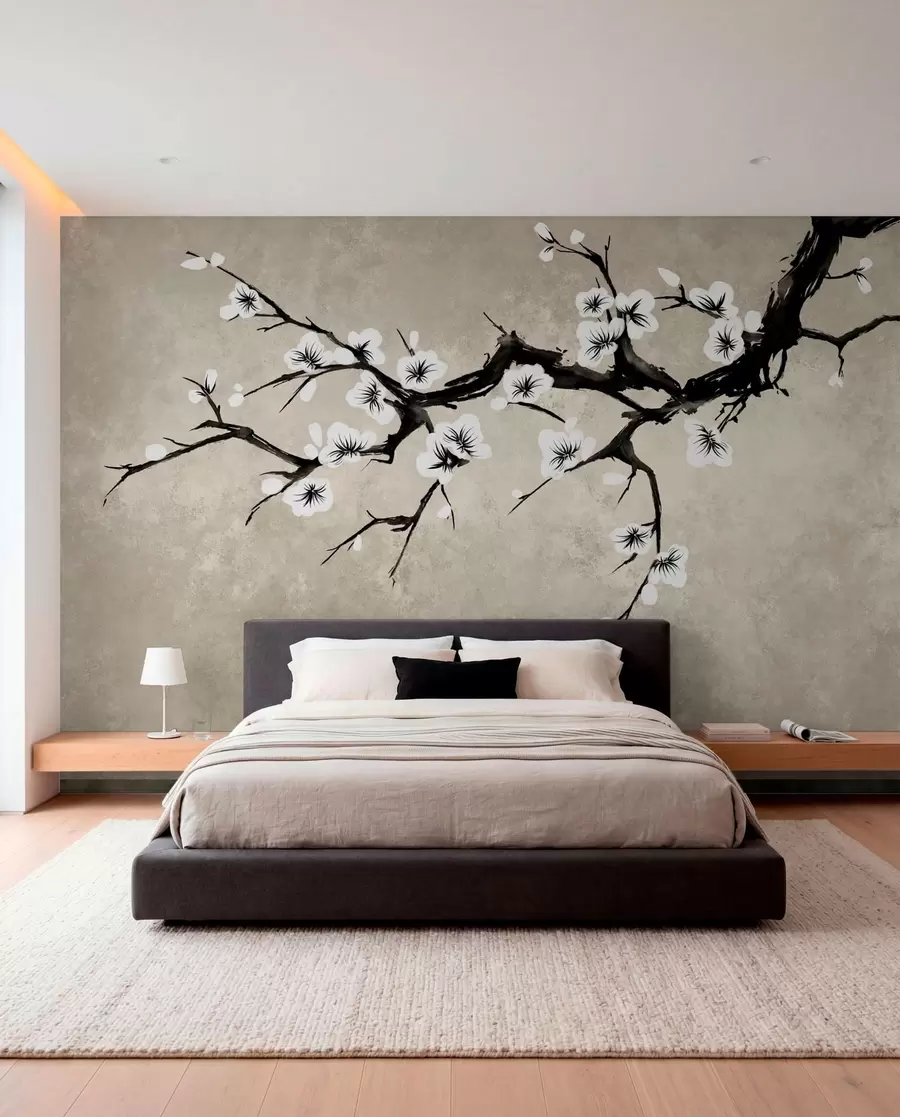murales de pared Rama con flores blancas en estilo minimalista w05425